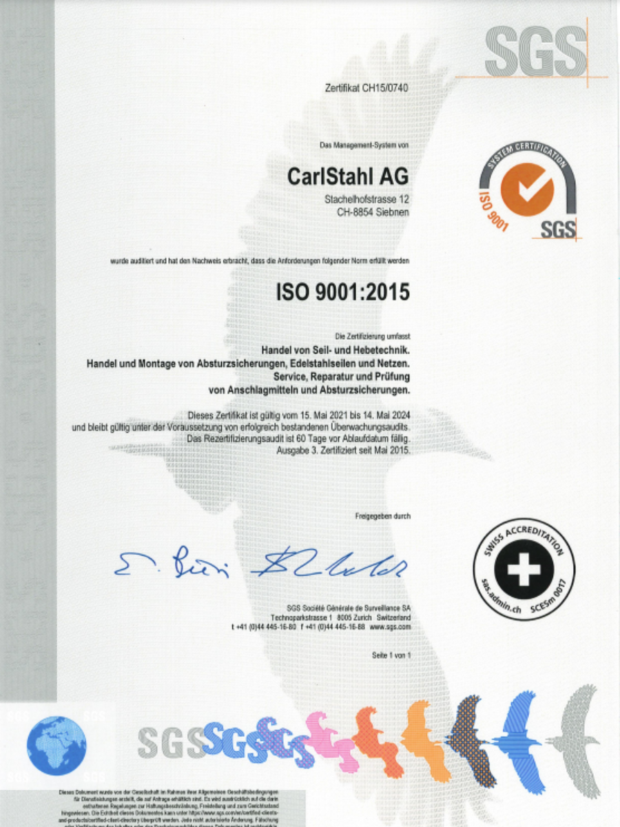 QS-Zertifikat ISO 9001_2015 Carl Stahl AG