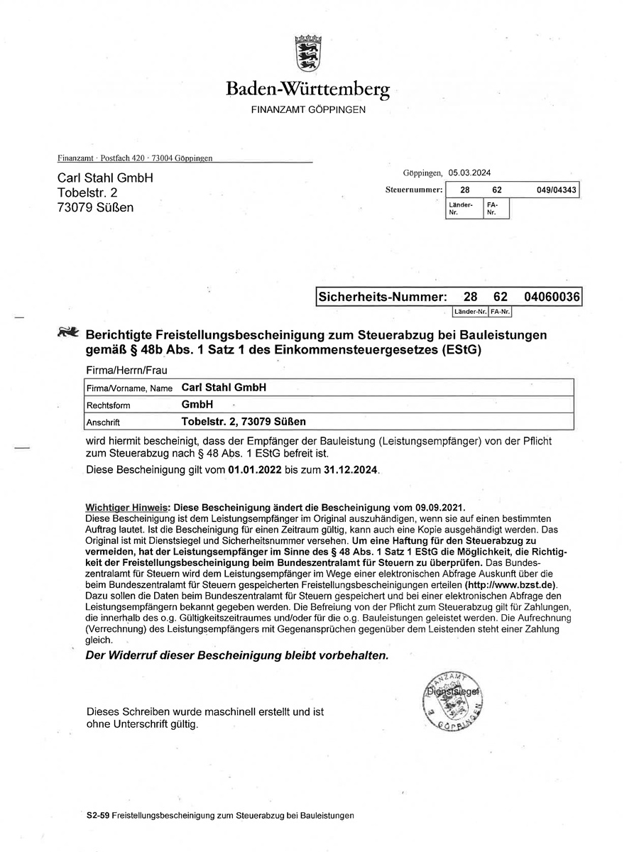 Carl Stahl GmbH certificate of exemption