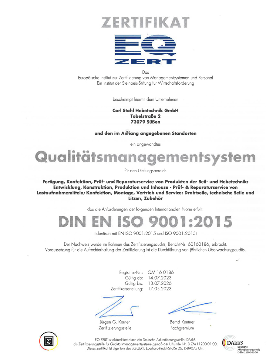 Carl Stahl GmbH ISO-Zertifikat 9001