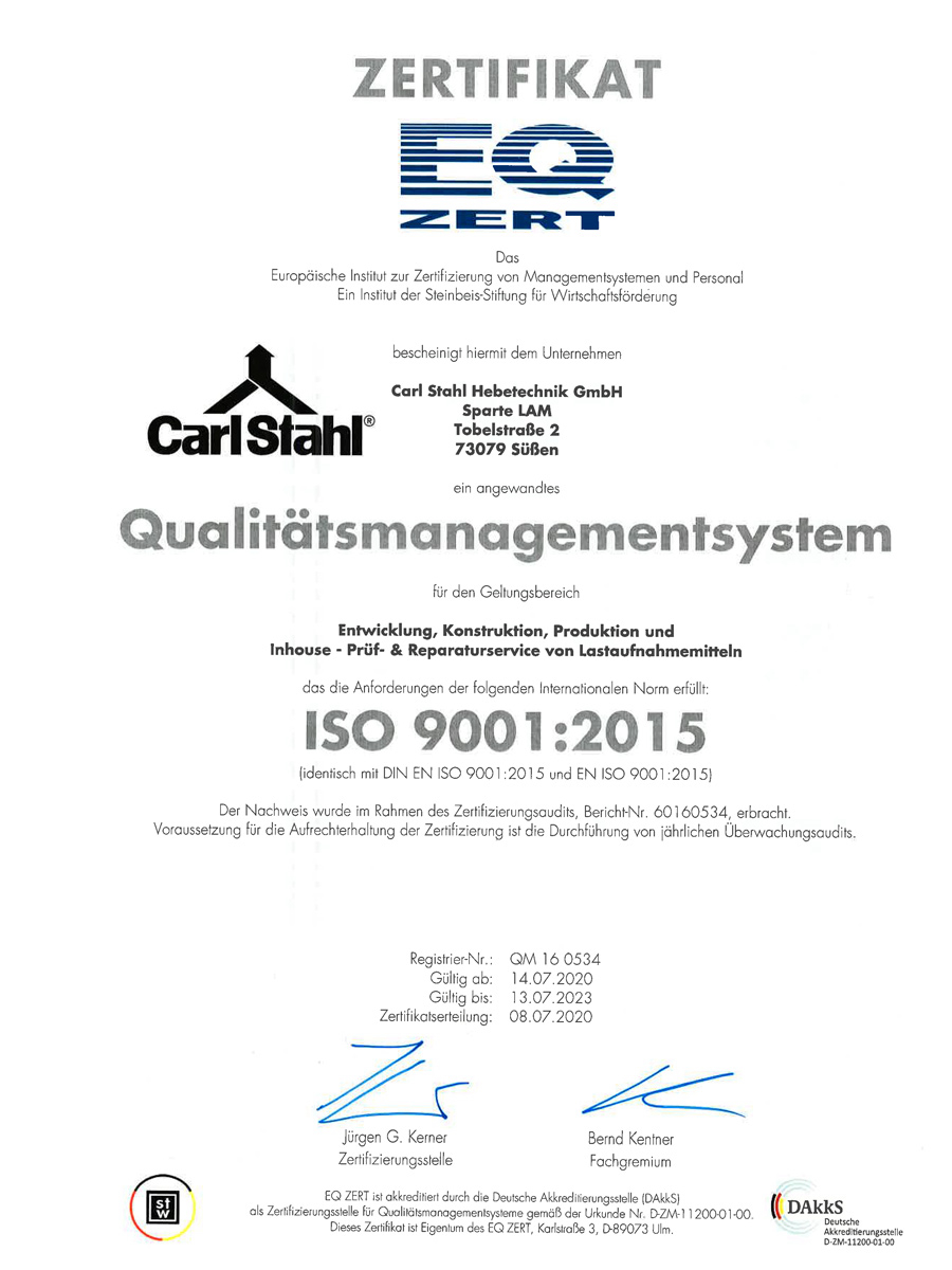 Carl Stahl GmbH area LAM ISO certificate 9001