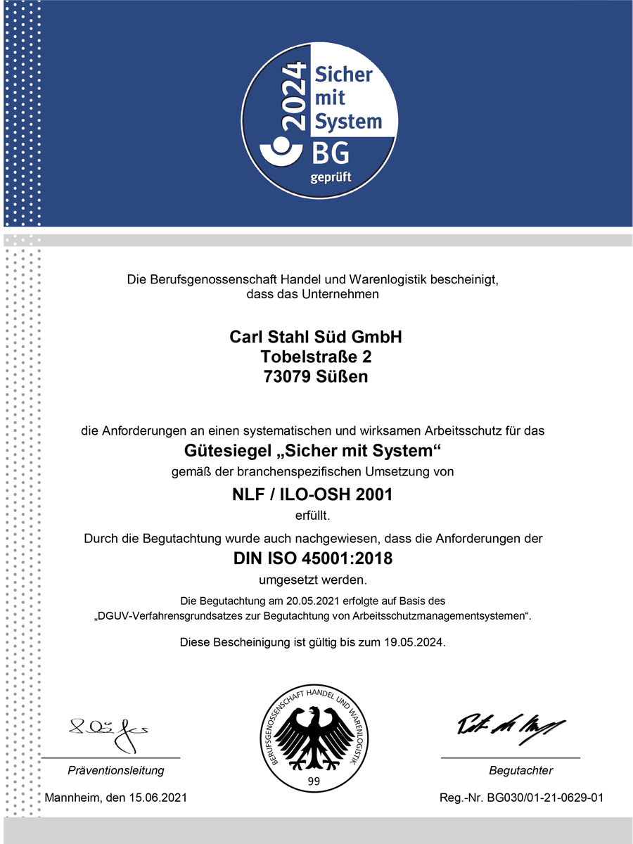 Carl Stahl Süd GmbH ISO-Zertifikat 45001