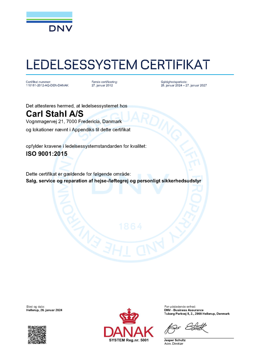Certifikat ISO 9001:2015 Carl Stahl A/S