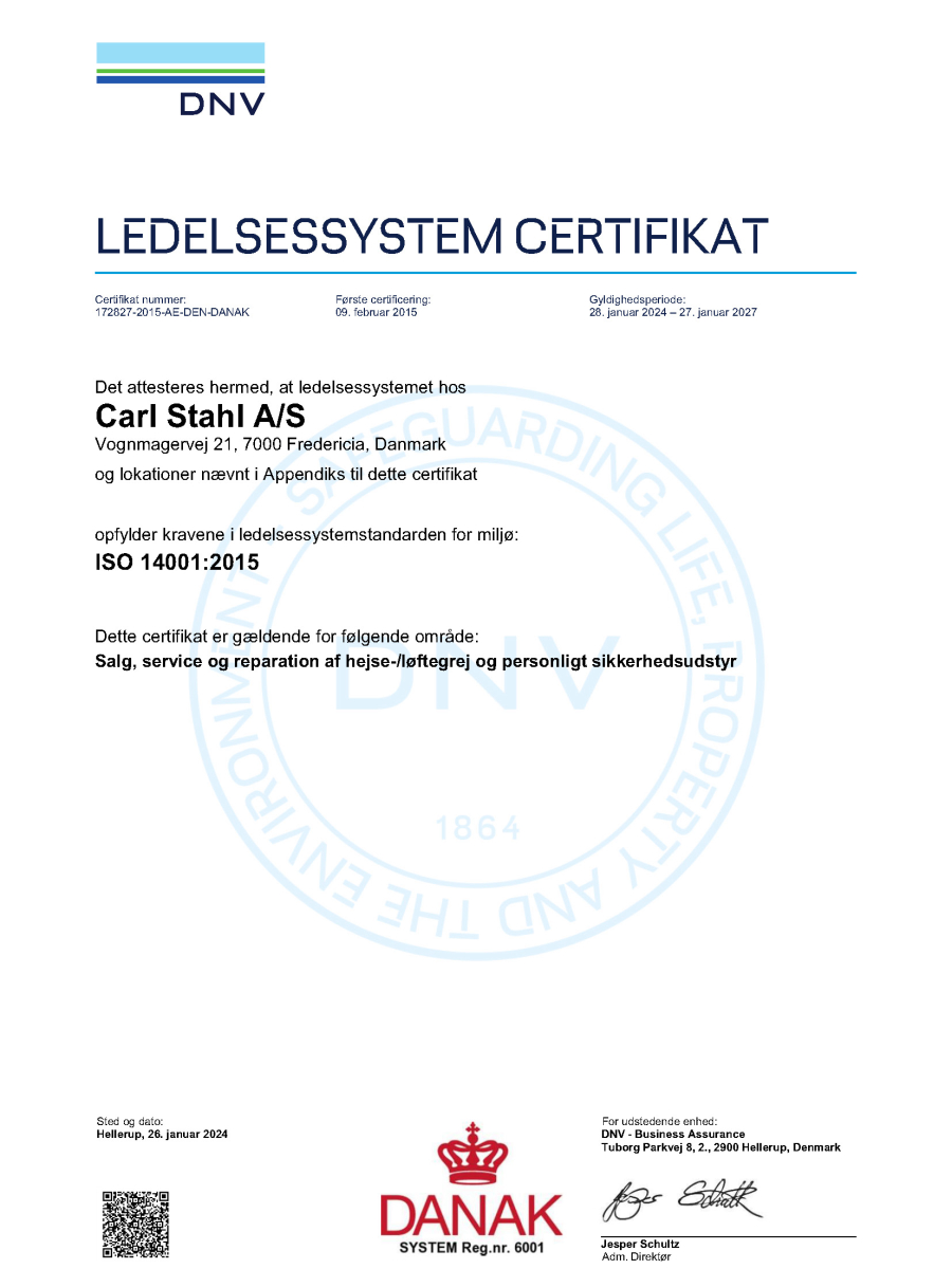 Certifikat ISO 14001:2015 Carl Stahl A/S