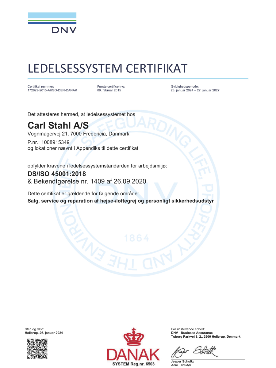 Certifikat ISO 45001:2015 Carl Stahl A/S