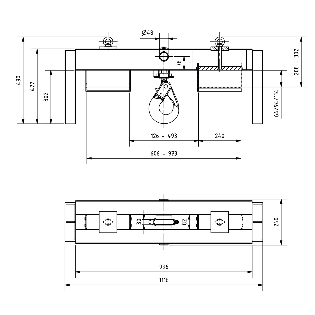 Alu-Staplertraverse mit Wirbelhaken
