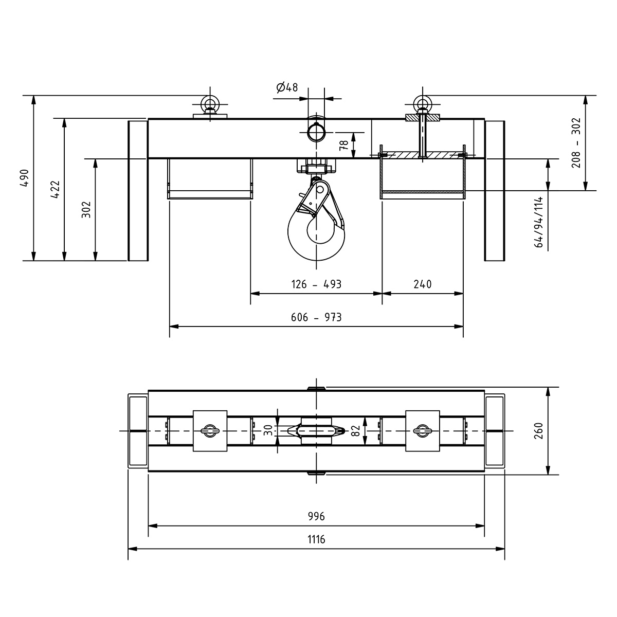 Alu-Staplertraverse mit Wirbelhaken