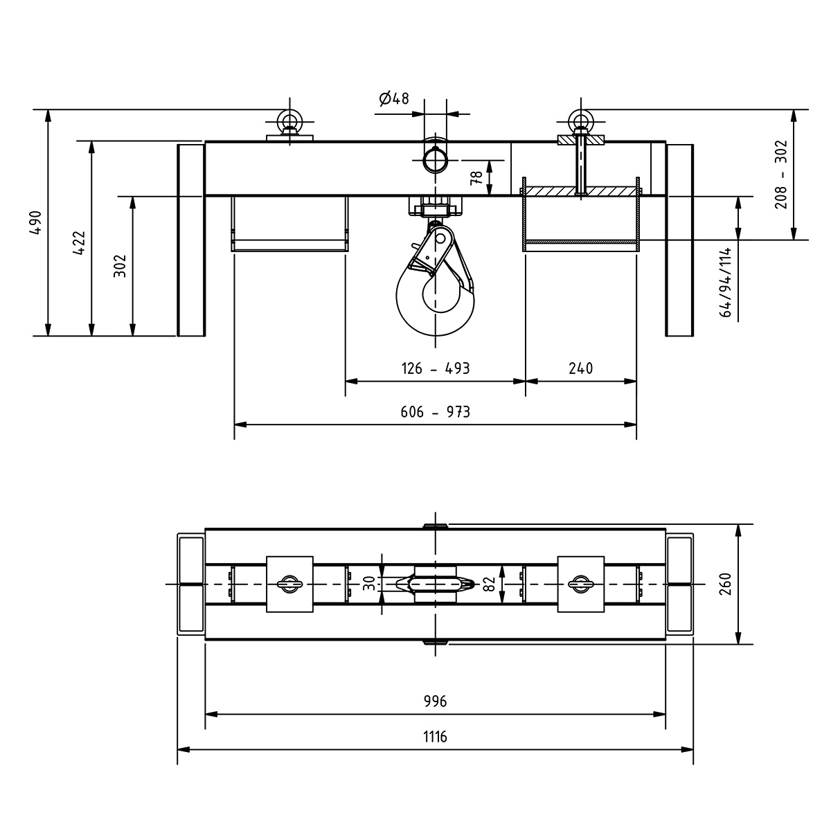 Alu-Staplertraverse mit Wirbelhaken